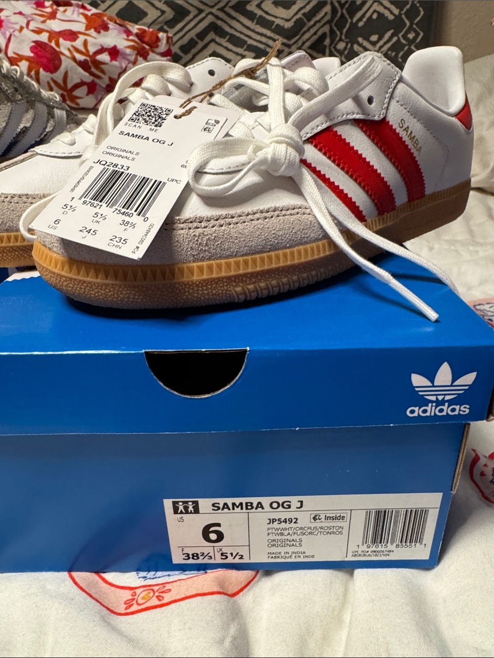 adidas Kids Samba Og J Classic Sneakers - White/Red with Gum Sole